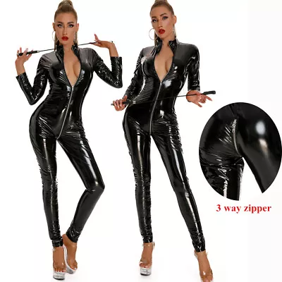 Ladies Faux Leather PVC Catsuit Jumpsuit Wetlook Bodysuit Zipper Crotch Clubwear • £26.39