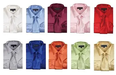 Men's Fashion Shiny Satin Dress Shirt With Tie And Handkerchief 10 Colors 15~20 • $18.99