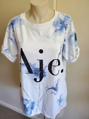 AJE Sequin Embellished Print Logo Tee Black White Blue Floral XS 8 10 12 Tshirt • $100