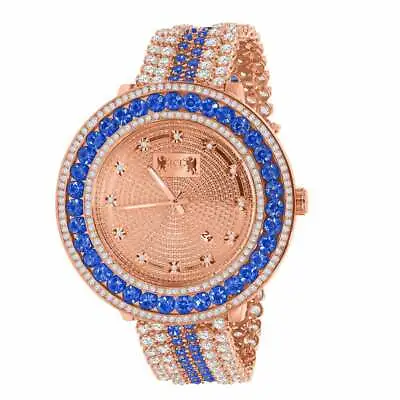 Blue Solitaire XXL Big Face Simulate Diamond 18K Rose Gold Tone W/Date Watch New • £240.93