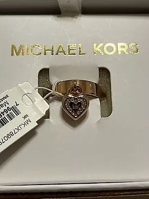 Michael Kors Rose Gold MK Crystal Heart Charm Small Brass Ring 5 5.5 6 See Notes • $65