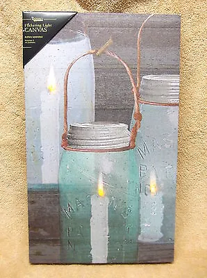 Mason Canning Jar Candle Lighted Canvas Wall Decor Sign Primitive New Lights Up  • $23.49