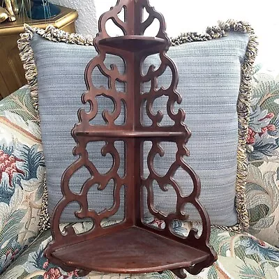 Vintage Ornate Carved Wood Corner 3Tiered Wall Shelf Brown • $54.95