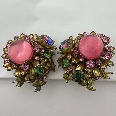 Vintage Miriam Haskell Pink Iris Glass Green Rhinestone Flower Earrings • $11.50