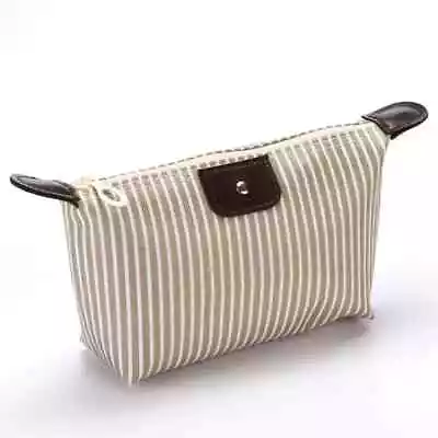 Waterproof Khaki  Striped Dumpling Makeup Large Foldable Cosmetic Travel Bag New • $8.92