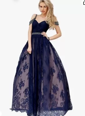 Sherri Hill Beaded Navy Blue Lace Evening Gown Prom Wedding Guest 50595 Sz 4 • £233.08