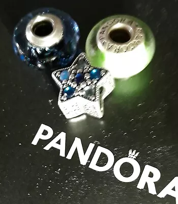 3 X Estate Silver PANDORA Slider Charms Glass Beads Star Blue/green Gems • $12