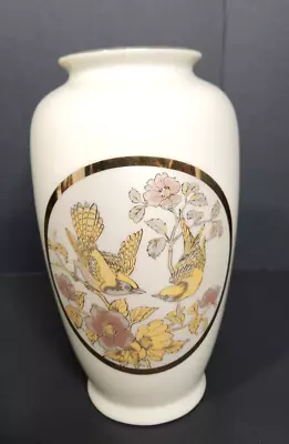 Art Of Chokin Ivory 7.5  Porcelain Vase Gold Birds & Flowers Motif • $18