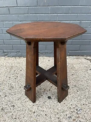 $595 • Buy 1910 Arts & Crafts Antique Oak Octagonal Side Table Mission Pierced Legs