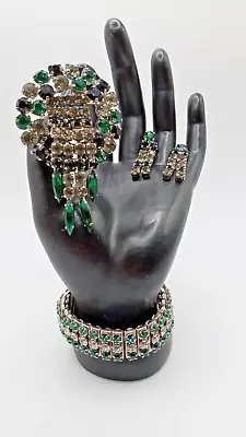 Vintage Silver Tone Emerald Green Black Rhinestone Brooch Screw Earring Bracelet • $72.19