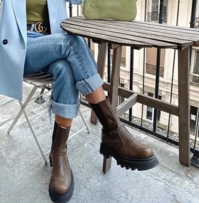 $189.95 • Buy NWT Zara Lug Sole Boots Brown Black Real Leather Low Heel Slip On Track Snow 39