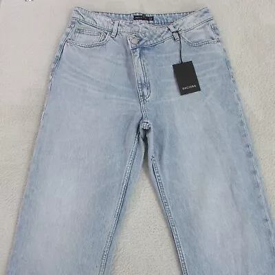 Decjuba Jeans 14 L32 Blue Straight High Denim Womens Cassie Asymmetric Frayed • $44.95