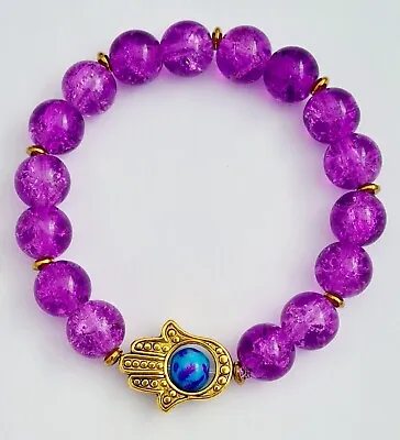 Purple 10mm Glass Bead Bracelet With Antique Gold Colour Hand Of Fatima Hamsa • £3.99