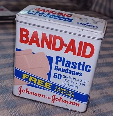 Vtg 1983 50 Band-Aid Assorted Size Plastic Bandages Tin - 3-1/2 X 3 X 1-1/2 Inch • $7.99