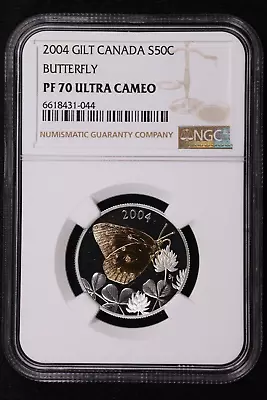 2004 CANADA 50 Cents Silver - Gilt Sulphur Butterfly - NGC PF70 • $175