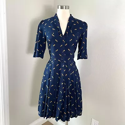 Emily And Fin Womens Large Navy Shooting Stars Button Up Dress Short Sleeve • $44.99