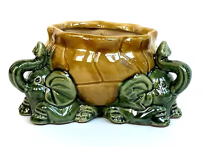 Majolica Elephant Planter Bowl Green Lucky Trunk Up Glaze Bamboo Pottery • $26.99