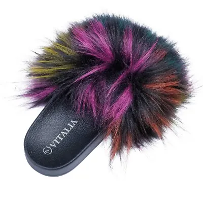 Women Fur Slippers Slides Sandals Open Toe Slip On With Furry Fleece Faux Warm • $15