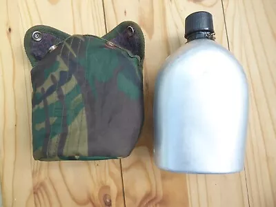 VINTAGE MILITARY ARMY WATER BOTTLE FLASK Aluminum With Insulated Camouflage Case • £10