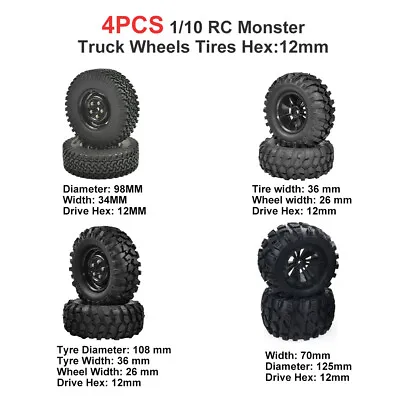 4x 1/10 Scale Monster Truck Tires&Wheel Hex 12mm For Tamiya Axial RC4WD Crawler • £15.58