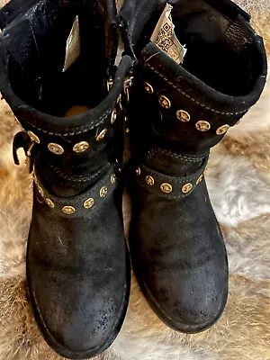 UGG Fabrizia Boots Mid Calf Black Leather Studs Zip Round Toe Buckle Straps 5 • $58.88