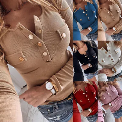 £13.69 • Buy Womens Ribbed Button V Neck Jumper Tops Autumn Slim Fit Long Sleeve Shirt Blouse