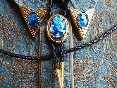 New Blue Abalone Bolo Bootlace Tie & Collar Tips Set Gold Metal Wedding Western • £58.99