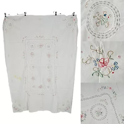 Vintage Embroidered Tablecloth Floral Crochet Lace 48x66 Cutter Crafting Upcycle • $14.99