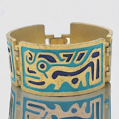 1960s Crown Trifari Turquoise Gold Enamel Aztec Mayan Motife Panel Link Bracelet • $135