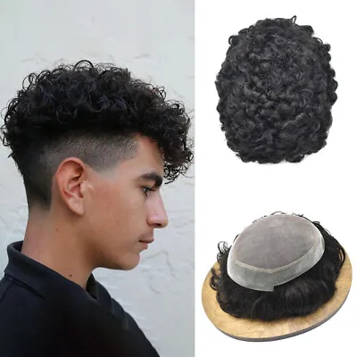 Mens Toupee Hairpiece Curly Wave Fine Mono Lace Human Hair Replacement System US • $189