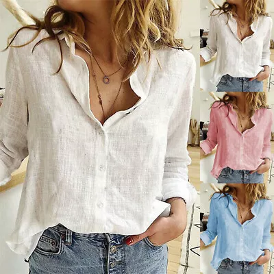 Womens Cotton Linen Plain Blouse Tops Ladies Baggy Long Sleeve Casual T-Shirt UK • £9.99