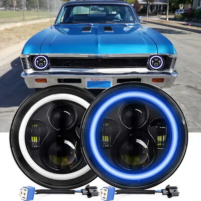 DOT Pair 7 Inch Round LED Headlights Hi/Lo Blue Halo For Chevy Nova Camaro Monza • $47.27