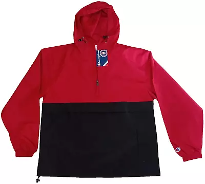 NWT Champion Mens ½ Zip Hooded Packable Windbreaker Jacket – Red-Black – Size S • $14.99