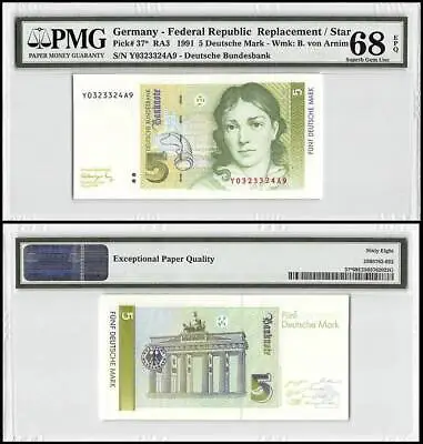 Germany Federal Republic 5 Deutsche Mark 1991 P-37z Replacement PMG 68 • $79.99