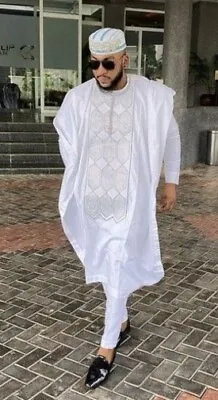 All White Agbada Babariga 3 Pcs Men's Kaftan African Clothing African Groom Suit • $165