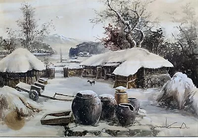 Vtg Watercolor Painting Farmstead Korea Snow Mountains Signed Framed Mid Century • $190