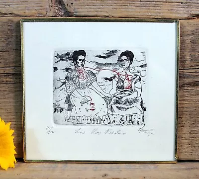 The Two Fridas - Frida Kahlo Etching Brass Frame Handmade Abelar Mexico Folk Art • $42