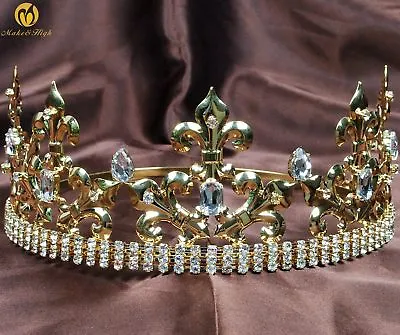 2 Colors Men's Imperial Medieval Crystal Fleur De Lis King Crown Wedding Tiaras • $39.80