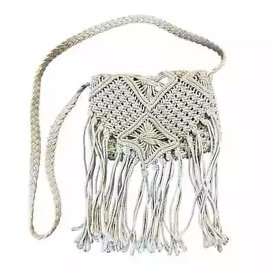 Mossimo Boho Hippie Off White Ivory Macrame Crochet Fringe Crossbody Purse Bag • $20