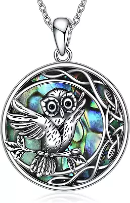 Celtic Owl Necklace Sterling Silver Abalone Shell Owl Moon Pendant Necklace Owl  • $78.15