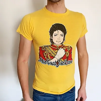 Vintage 1984 Michael Jackson Sparkly Glove Super Thin Yellow Tee Shirt Mens • $51.74