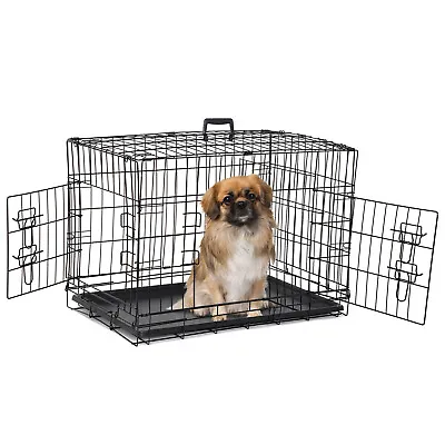 30 Double Door Dog Crates Folding Metal Pet Cat Cage Kennel With Tray In Black • $40.58