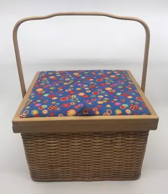 $37 • Buy Wicker Sewing Basket W/ Padded Button Print Top, Lid, Goodies Included Inside