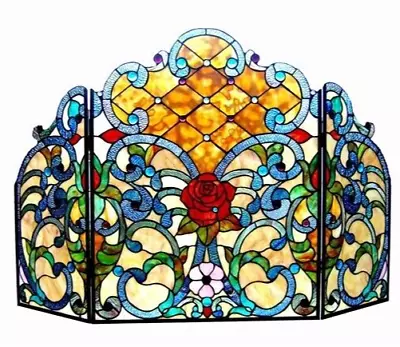 Fireplace Screen Floral Victorian Tiffany Style Stained Glass 3 Piece 28 X 44 • $335