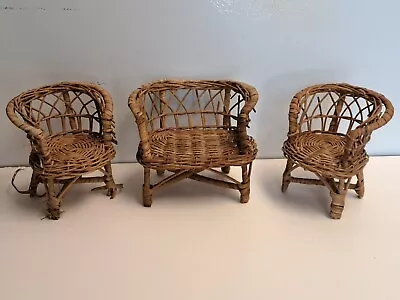 Vintage Barbie Size Wicker Rattan Doll Furniture Set Loveseat & Chairs • $10