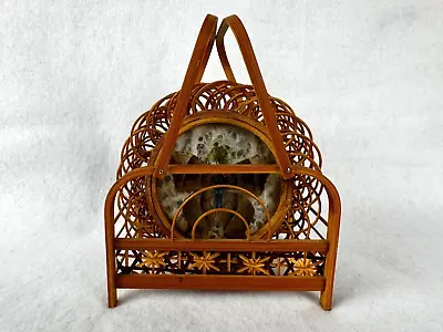 6 Vintage Rattan Wicker Bamboo Pressed Butterfly Drink Coaster In Holder Carrier • $11.04