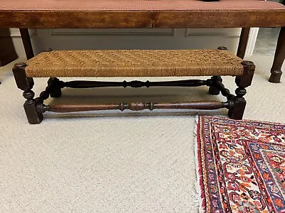 Long Heavy Antique English Victorian Oak Bench Footstool With Rush Seat • $695