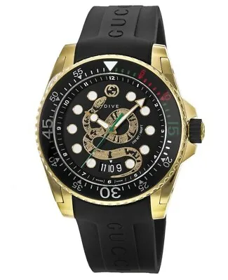 New Gucci Dive Gold Tone Black Dial Rubber Strap Men's Watch YA136219 • $915.12