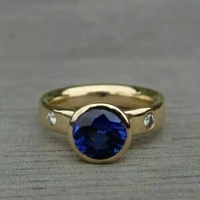 3Ct Round Cut Lab Created Blue Sapphire Engagement Ring 14K Yellow Gold Plated • $95
