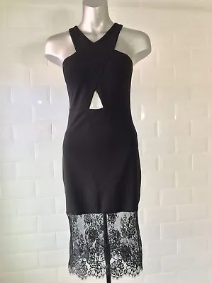 Size 8 Black Dress Sheer Lace Hem Cutout Midrif Goth Whitby Party Wedding • £15